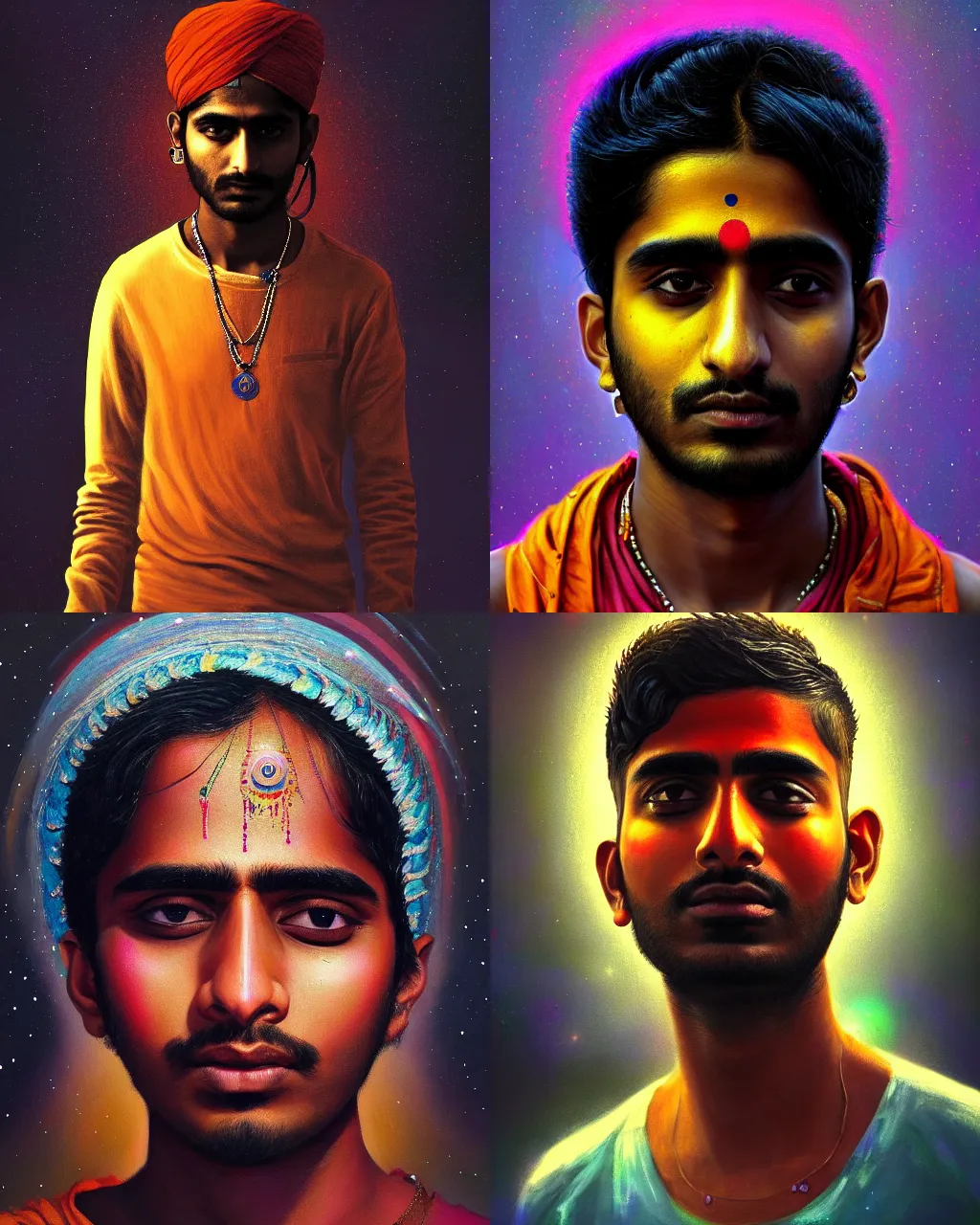 Prompt: a beautiful dramatic portrait of a spaced out indian stoner boy 2 5 years old, by aggi erguna, trending on artstation, oil on canvas, masterpiece, cinematic composition, brilliant lights, hyper - detailed, sharp, no frames, 8 k