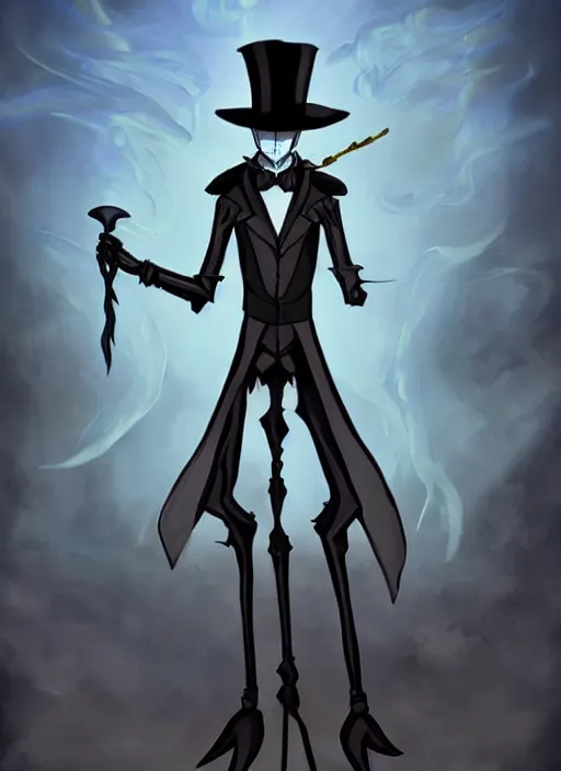 Image similar to DND character concept, Tall skeletal figure, wearing a deep black suit!!! and tie and top hat, holding a golden cane. Surrounded by light blue!!! flames!!