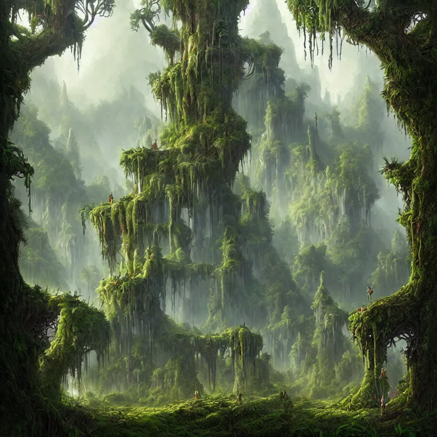 Image similar to fairy palace, castle towers, gnarly trees, lush vegetation, forest landscape, painted by tom bagshaw, raphael lacoste, eddie mendoza, alex ross concept art matte painting