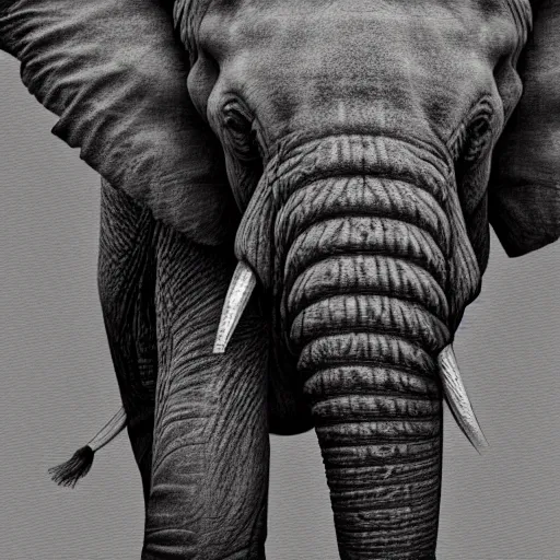 Image similar to an elephant holding a golden sword with his mouth, 1 bit render, strictly 1 bit, grey scale.