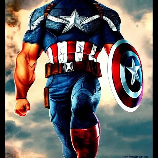 Image similar to dwayne johnson as captain america posing for a cover of a movie, realistic photo, highly detailed, precise, high definition