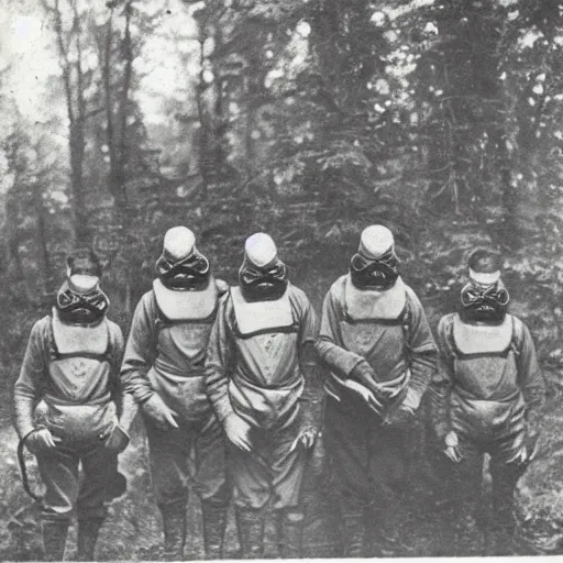 Prompt: “ a group of men wearing gas masks in the forest, 1 9 0 0 ’ s photo ”