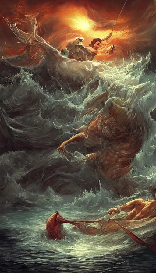 Image similar to man on boat crossing a body of water in hell with creatures in the water, sea of souls, by artgerm