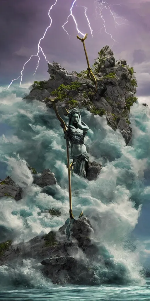 Prompt: gigantic marble statue of the god of the sea wielding a trident on an island. roiling waves at the base. scene lit by lightning. thunderclouds in the background. fantasy setting. magicians praying to the statue. purples and greens. fantasy aesthetic. extremely detailed. 4 k. digital art.