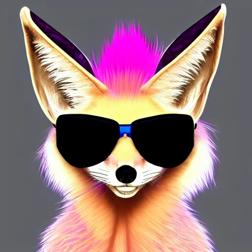 Prompt: Fennec fox, pink and blue mohawk hairstyle, aviator sunglasses, synthwave style, portrait, artstation, detailed, award winning, furry, award winning