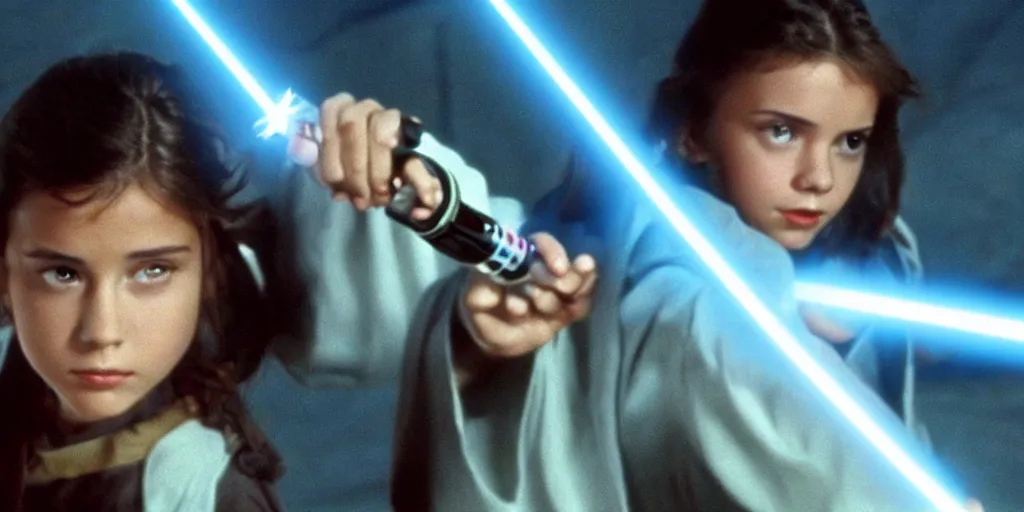 Image similar to a full color still of a teen brunette Jedi padawan holding a lightsaber hilt with laser bolts flashing by, cinematic lighting, 1999, directed by Steven Spielberg, 35mm