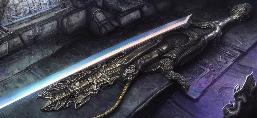 Image similar to legendary cybernetic sword lying flat on a glowing table with a long sharp black and iridescent sword blade, digital award winning hd matte painting, intimate dark moody, intricate, ornate spikes, colorful hilt, detailed realistic, raytraced blade, colored gems, future golden technological pommel, in the style of greg rutkowski and krenz cushart, deviantart