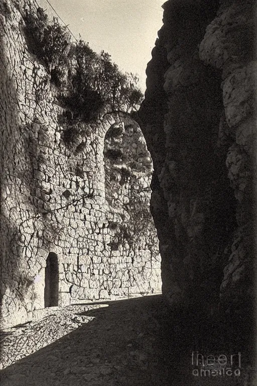 Prompt: a dark cave in the middle of an ordinary city, trogir golden hour 1 9 0 0 s photograph