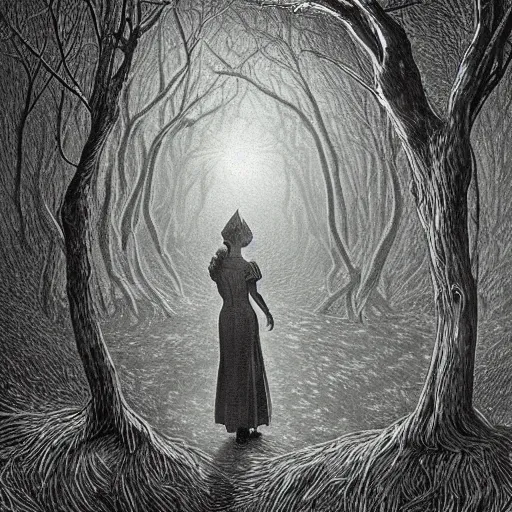 Prompt: beautiful elegant!!! portrait of 1 9 4 0 s woman tolkien elf!! in the forest at night rivendale, style of gustave dore intaglio, moon and stars