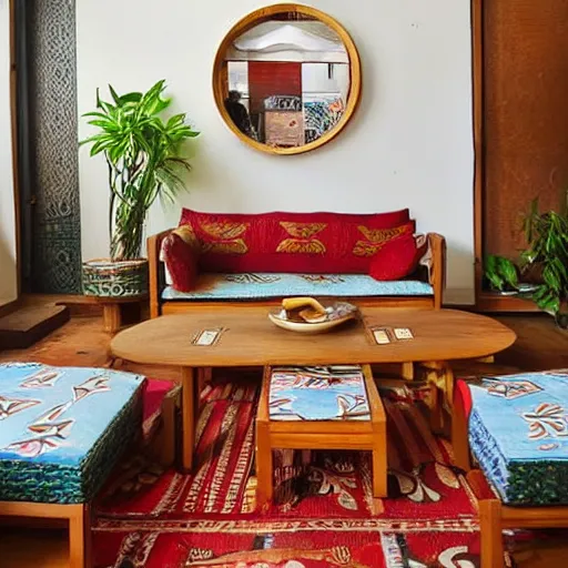 Prompt: living room interior design with assamese traditional gamosa textured furniture, mekhela sador motif design pattern walls and floor, teak table, japandi, ikea, sunny, warm wood, urban jungle plants, small kitchen table, indian antique chairs, round mirror on the wall, light - brown wall, mid - century sofa indian architecture