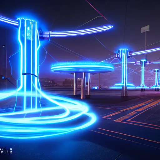 Prompt: photography of a hyper realistic cyberpunk tesla coils, highly detailed complex blue lightnings arround it. high detail, professional digital art, unreal engine 5 8 k rendering, stunning, clear render, artstation