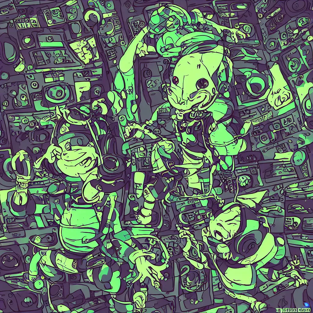 Image similar to a toad wearing headphones, ryuta ueda artwork, breakcore, style of jet set radio, y 2 k, gloom, space, cel - shaded art style, record store, data, minimal, code, cybernetic, dark, eerie, cyber