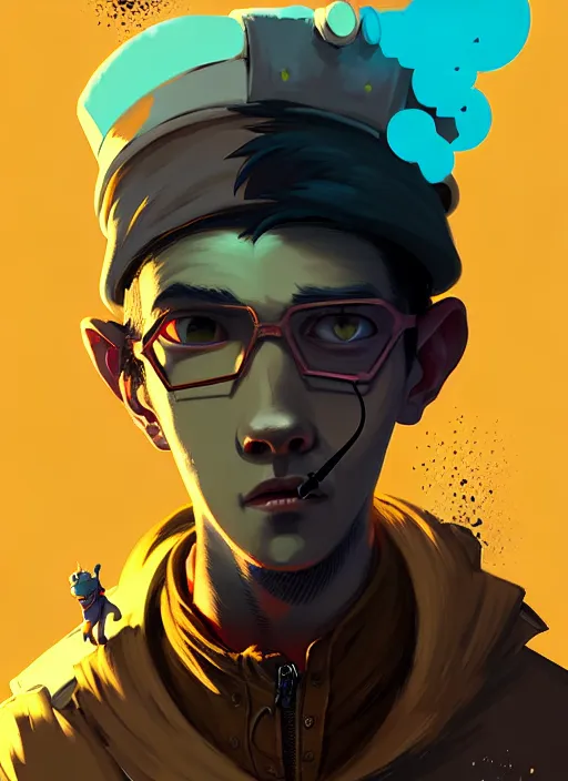 Image similar to highly detailed portrait of a sewer punk young man by atey ghailan, james gilleard, by joe fenton, by greg rutkowski, by greg tocchini, by kaethe butcher, 4 k resolution, gradient yellow, black, brown and cyan color scheme, grunge aesthetic!!! ( ( dystopian graffiti tag wall in background ) )