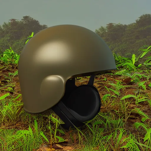 Image similar to 1969 US Army Helmet, 3d model, jungle on fire in the background, 8k, 3d render