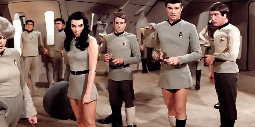 Image similar to a scene from Trouble with Tribbles, an episode of the original Star Trek series, with Gal Gadot, in Starfleet uniform, in the role of Captain Kirk