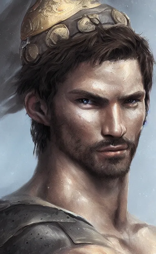 Image similar to Portrait of a rugged ranger, male, muscular, straight nose!!!, detailed face, handsome, simple clothing!!!!!, fantasy, medieval, highly detailed, cinematic lighting, digital art painting by jia ruan