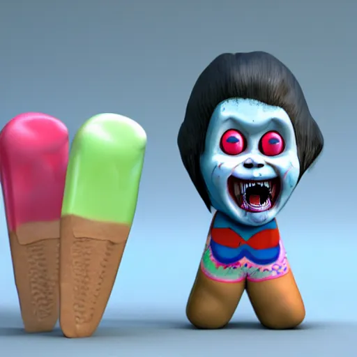 Image similar to ice cream popsicle shaped like screaming chucky doll, octane render, ultrarealistic