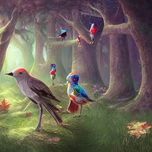 Image similar to magical forest, birds, child forest, highly detailed facez, stra ge creatures, artwork, digital art, fantasy