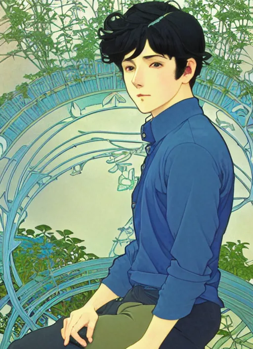 Image similar to handsome young man with short black hair, male, dressed in blue, looking down, half body shot, arms down, path traced, highly detailed, high quality, digital painting, by studio ghibli and alphonse mucha, hidari, art nouveau, chiho aoshima, posuka demizu, atey ghailan