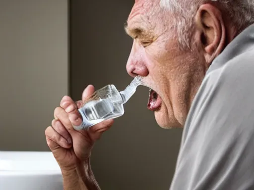 Image similar to an old man suspiciously drinking water from a toilet