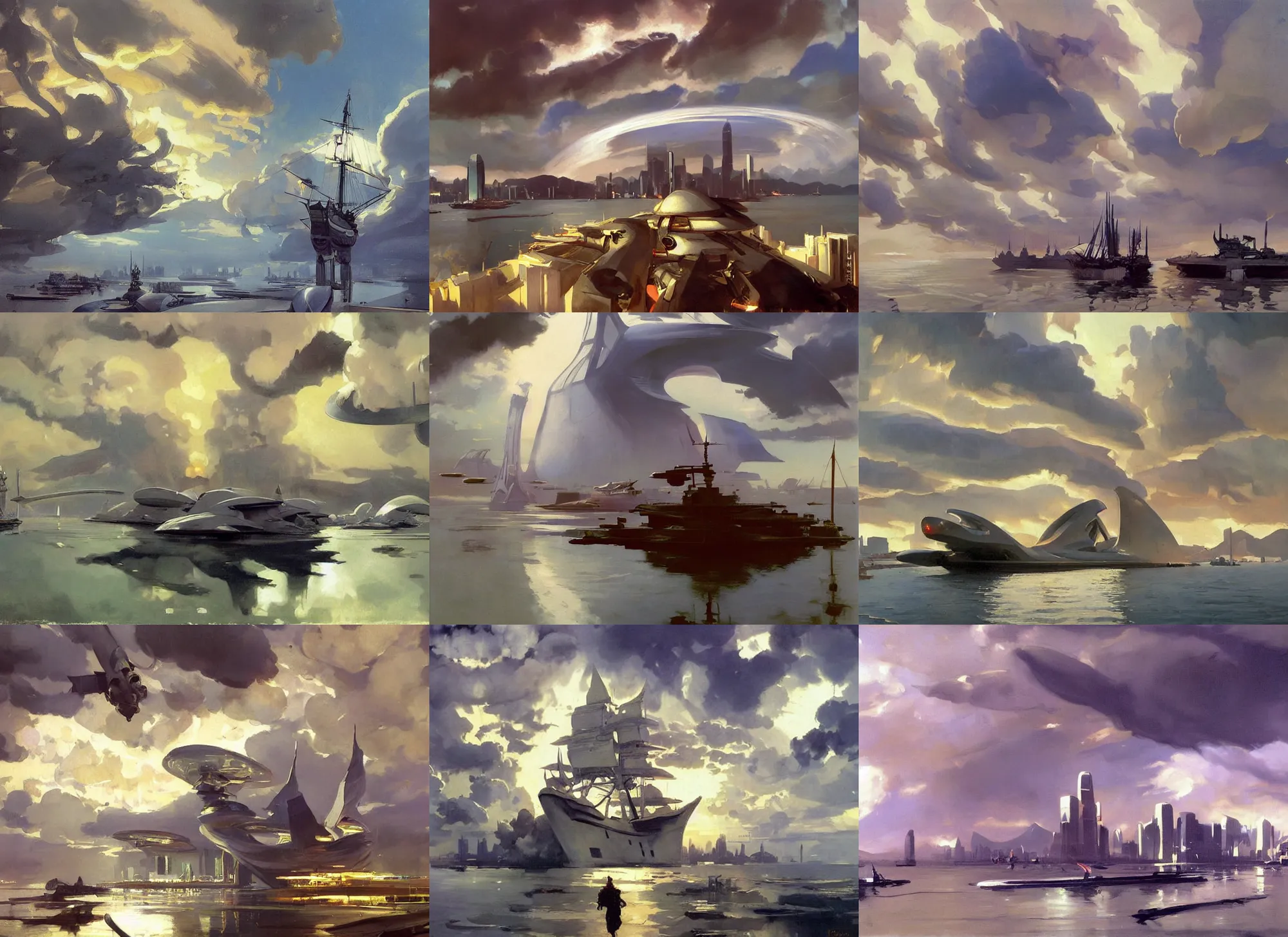 Prompt: painting by sargent and leyendecker and greg hildebrandt savrasov levitan, studio ghibly style mononoke, low thunder clouds future hong kong victoria harbour in 2 5 th century, cyber city, spaceship, futuristic buildings