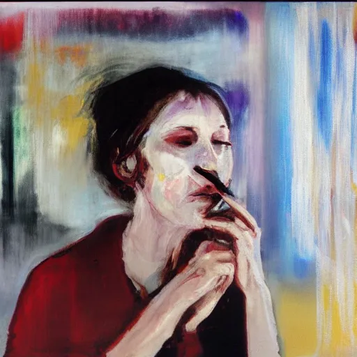 Prompt: overpainted portrait of a tired woman smoking a cigarette in a diner by gerhard richter