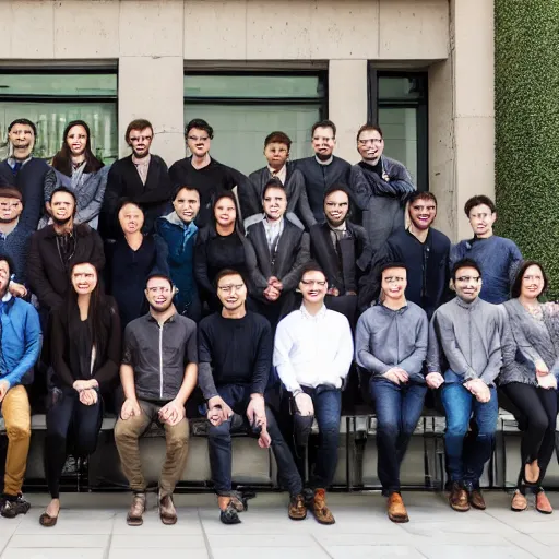 Image similar to blockchain development team of madfish solutions, corporate group photo near the office