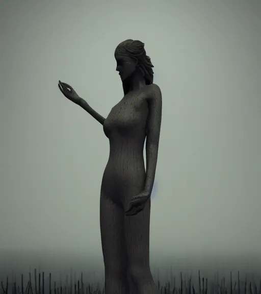 Image similar to surreal woman sculpture made of fence spike, in the gallery, foggy sky, dark night, octane render, unreal engine, pale colors, high detail, 8 k, wide angle, trending on artstation, behance