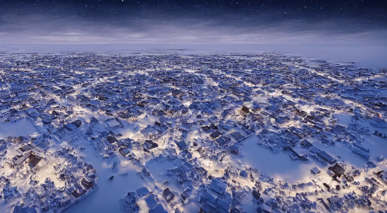 Prompt: A beautiful snow covered Viking city on the edge of a frozen lake, illuminated by moonlight in the evening. 4k