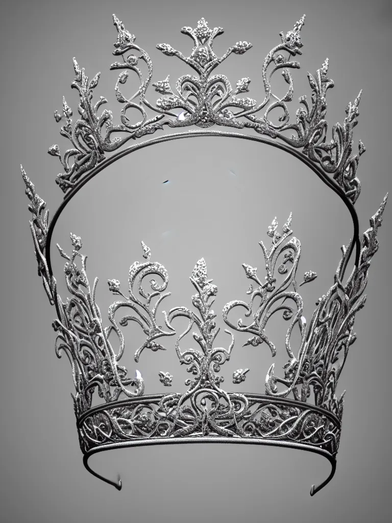 Prompt: realistic, 3 d render, detailed, intricate, delicate, fine detail, silver, elven crown, tiara, with little white flower detail, front facing,