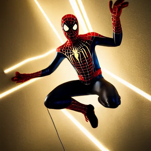 Image similar to gold spider - man suit with black web lining, cinematic, volumetric lighting, realistic, hyperdetailed, photorealistic, photograph