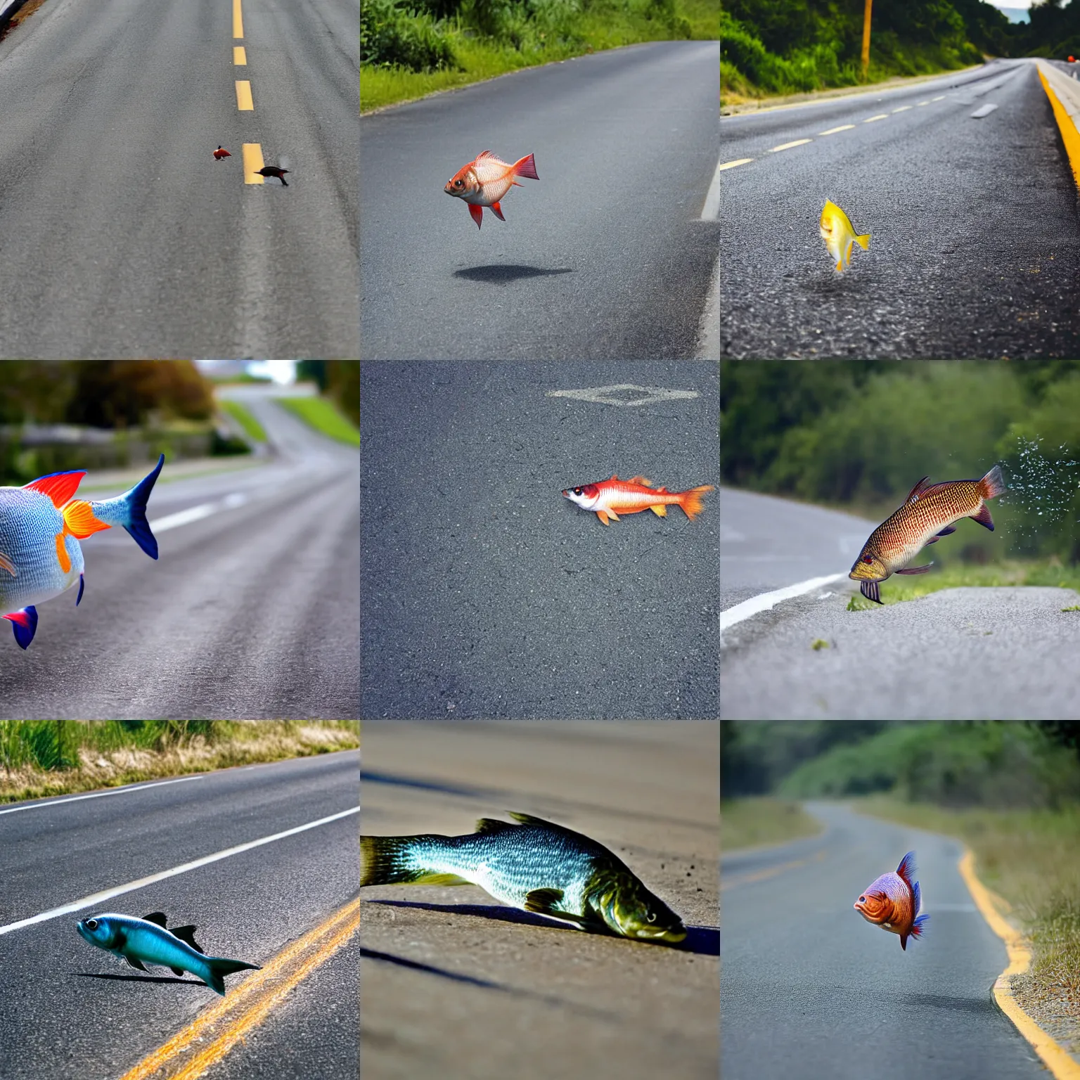 Prompt: a fish running on the road, photo