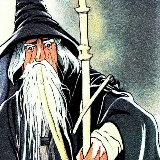 Image similar to gandalf from the anime lord of the rings (1986), holding a wooden staff, studio ghibli, very detailed, realistic