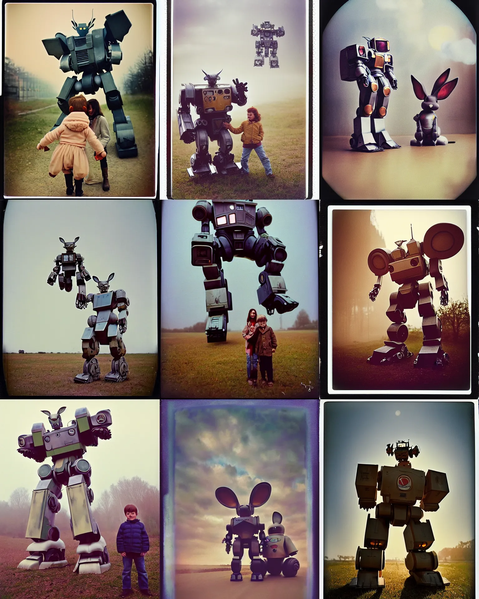 Prompt: giant oversized battle robot rabbit mech with oversized ears as giant baby double decker , Cinematic focus, Polaroid photo, vintage, neutral colors, soft lights, foggy, by Steve Hanks, by Serov Valentin, by lisa yuskavage, by Andrei Tarkovsky