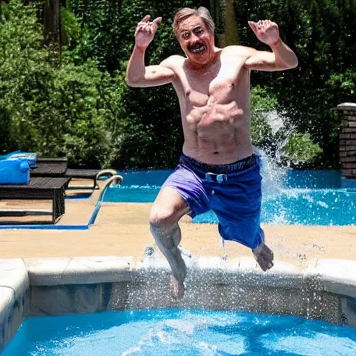 Prompt: mike lindell jumping into a pool full of cocaine