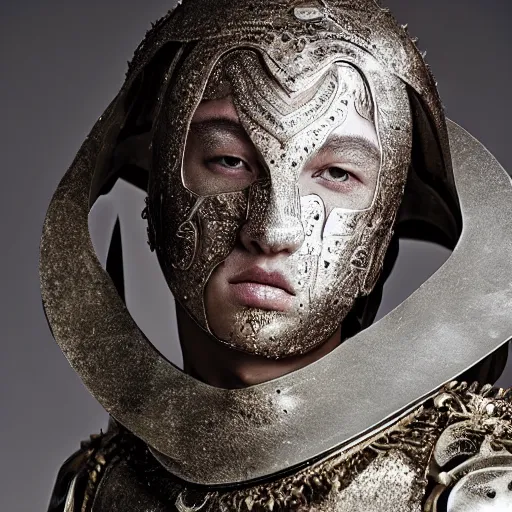 Prompt: a portrait of a beautiful young male wearing an alexander mcqueen armor made of wax , photographed by andrew thomas huang, artistic