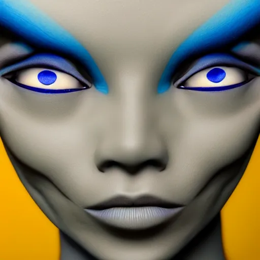 Prompt: a female humanoid alien with blue skin and large black eyes with a short side cut