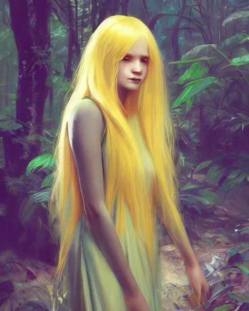 Image similar to wizard girl with long yellow hair wearing a dress in a jungle, beautiful girl, digital art, drawing, by artgerm, by wlop, by jeremy lipking, by greg rutkowski, trending on artstation, octane render, anime style, highly detailed face