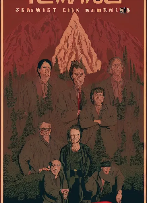 Image similar to Twin Peaks movie poster artwork by Michael Whelan and Tomer Hanuka, Rendering of secret cult club of snake worshippers, from a scene from Twin Peaks, clean, full of detail, Matte painting, trending on artstation and unreal engine