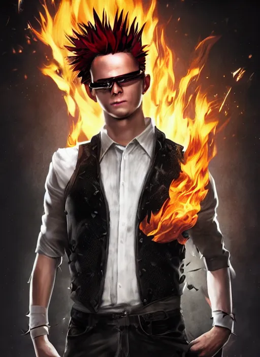 Image similar to An epic fantasy comic book style portrait painting of young man with long red spiked hair. Wearing a black waistcoat, white shirt, using googles. Blasting fire on his hands. Unreal 5, DAZ, hyperrealistic, octane render, cosplay, RPG portrait, dynamic lighting