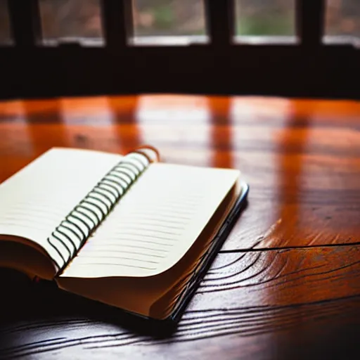 Prompt: highly detailed close up photo of an old worn notebook on wooden table, old table, feather pen, light coming out of near window, moody lighting, dim atmosphere, dust in air