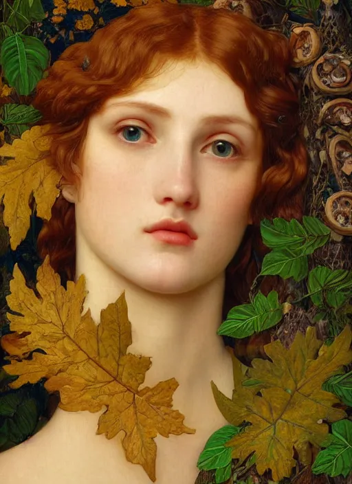 Prompt: masterpiece beautiful seductive flowing curves preraphaelite face portrait amongst leaves, extreme close up shot, straight bangs, thick set features, yellow ochre ornate medieval dress, raven, amongst foliage mushroom forest circle arch framing, frederic leighton and kilian eng and rosetti, 4 k