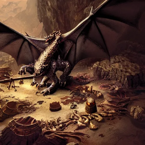 Image similar to a dragon protecting its treasure pile in a cave with bones scattered across the floor, matte painting.