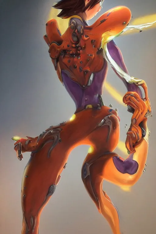 Prompt: full body painting of tracer from overwatch, in style of zdzisław beksinski, scary, horror, 4 k, feminine facial features, overwatch tracer character, horror, body horror, disturbing, detailed face, tall, long legs,