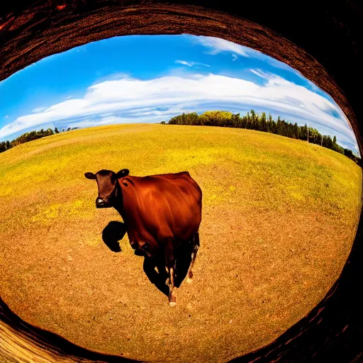 Image similar to a cow, surrounded by a ring of fire, on a sunny day, fisheye lens