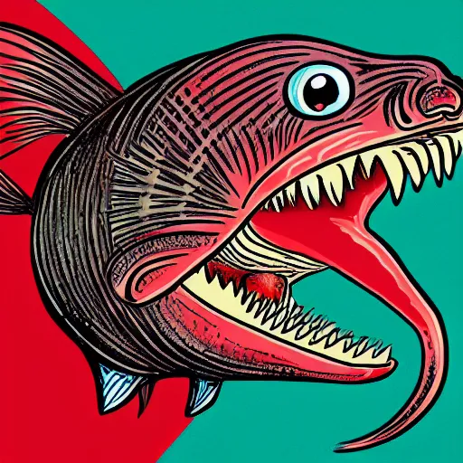 Image similar to illustration of an angler fish, in the style of robert geronimo, deep sea, large mouth filled with pointed teeth, stylized linework, ornamentation, artistic, color