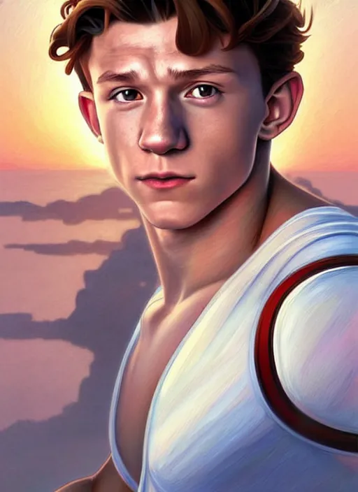 Prompt: muscular cute tom holland wearing white sailor outfit on a steam boat, natural lighting, path traced, highly detailed, high quality, digital painting, by don bluth and ross tran and studio ghibli and alphonse mucha, artgerm