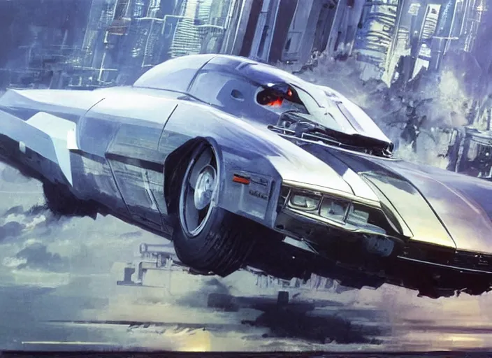 Image similar to ( ( ( ( ( knight rider kitt, car concept art, sci - fi illustration, painting, in the style of speed racer ) ) ) ) ) by vincent di fate and john berkey and syd mead!!!!!!!