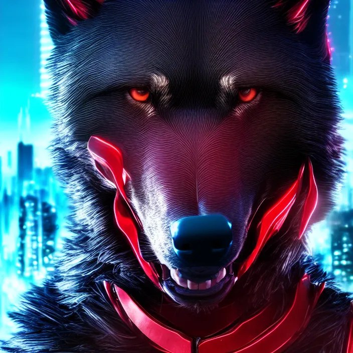 Image similar to portrait of male anthropomorphic black humanoid wolf, red hair, blue eyes, in a futuristic city, hyper detailed, digital art, trending on artstation, cinematic lighting, studio quality, smooth render, unreal engine 5 rendered, octane rendered, 1 : 1 aspect ratio