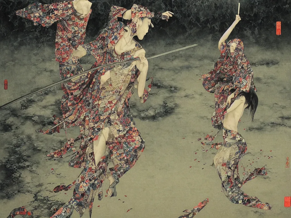 Image similar to Japanese schoolgirl runs away from Samurai with a katana on the subway, high detailed Beksinski painting, part by Adrian Ghenie and Gerhard Richter. art by Takato Yamamoto. masterpiece